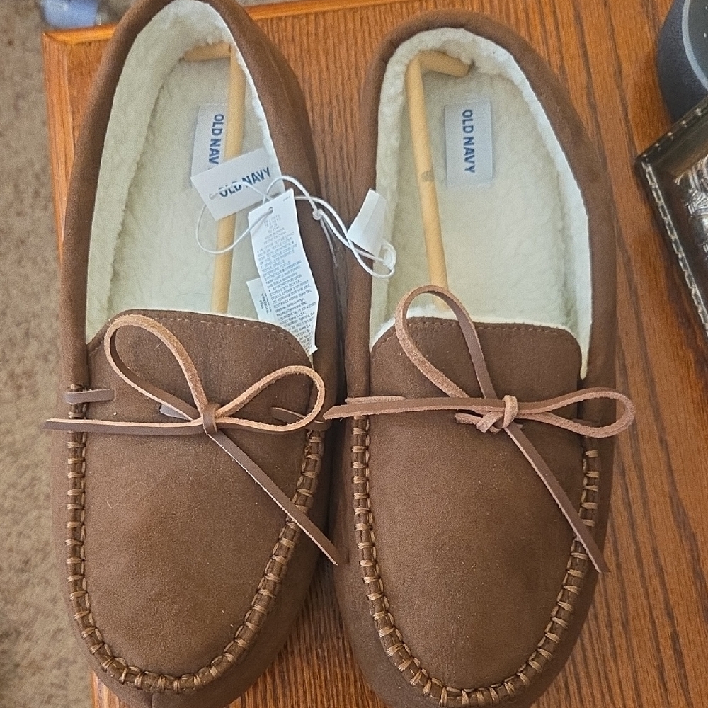 Old Navy Brown Faux-Suede Moccasin Slippers with Cream Lining